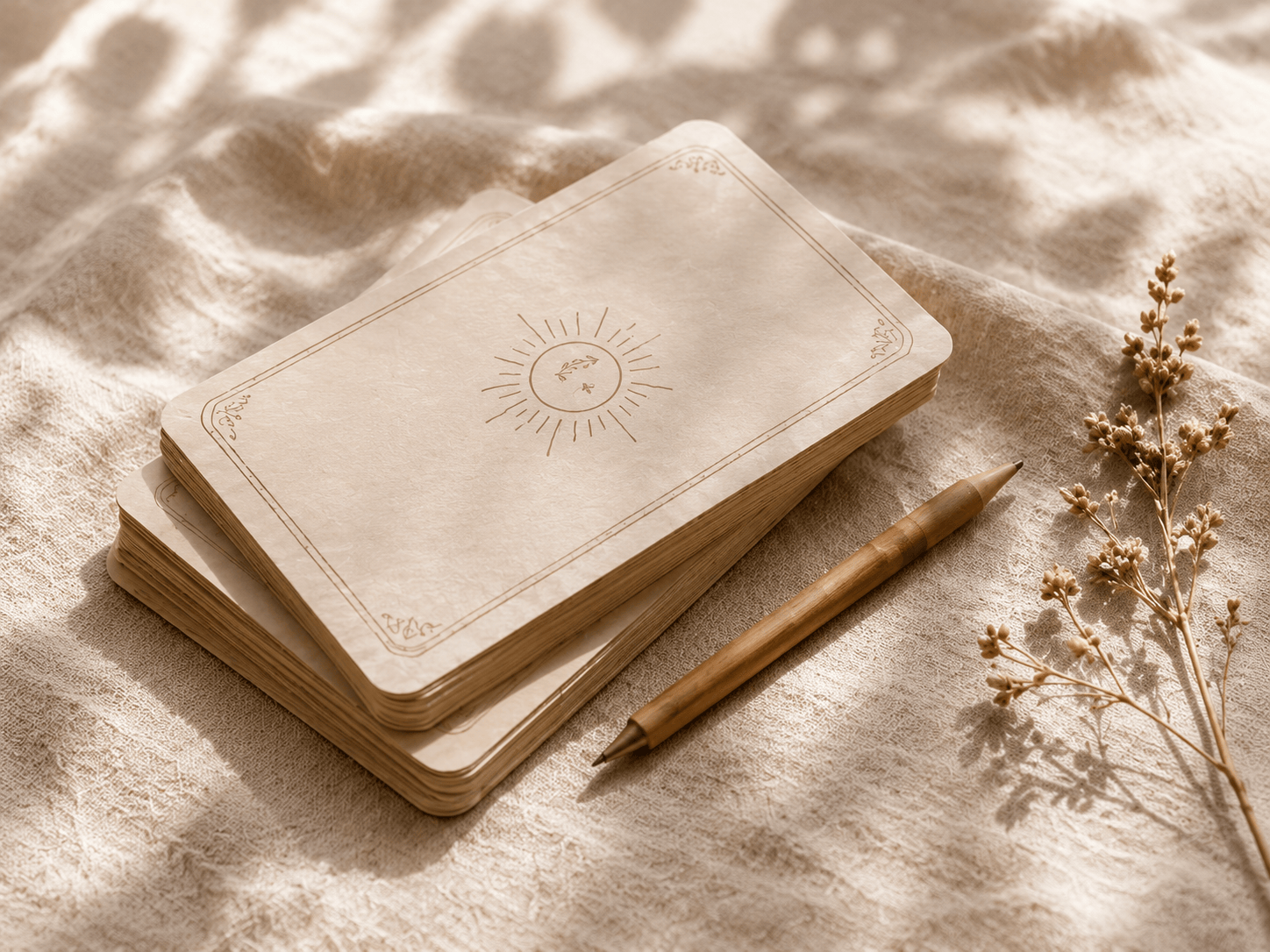 Jeu de cartes minimaliste avec stylo et fleurs séchées sur du lin naturel